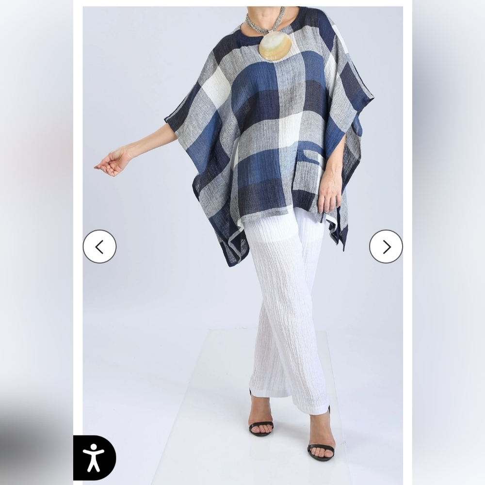 IC by Connie K Linen Blue Plaid Crinkle Linen Top Lagenlook Blouse Size Large - Picture 3 of 11
